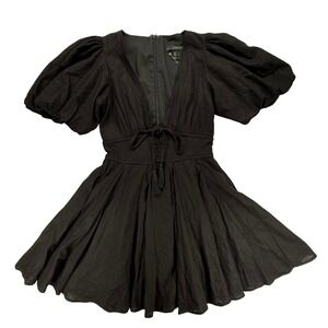 House of Harlow 1960 Mini Dress Puff Sleeve‎ Tie Front Black Linen Blend Size 2